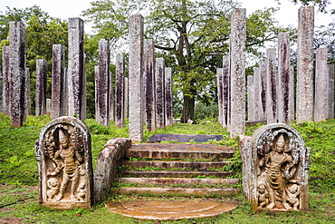 Ruins of stone columns at Thuparama Dagoba in the Mahavihara (The Great Monastery), Sacred City of Anuradhapura, UNESCO World Heritage Site, Sri Lanka, Asia