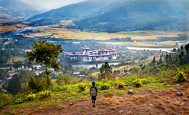 Young child looking down at Punakha Dzong, the second largest and second oldest dzong in Bhutan, Punakha, Bhutan, Asia