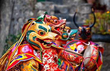 Bhutanese people performing the masked Cham Dance, Paro, Bhutan, Asia