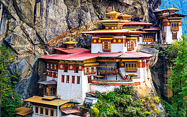 Tiger's Nest Monastery, a sacred Vajrayana Himalayan Buddhist site located in the upper Paro valley in Bhutan, Asia