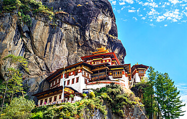 Tiger's Nest Monastery, a sacred Vajrayana Himalayan Buddhist site located in the upper Paro valley, Bhutan, Asia