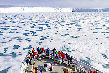 The Lindblad Expedition ship National Geographic Explorer at Austfonna in the Svalbard Archipelago, Norway, Arctic, Europe