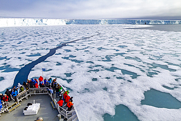 The Lindblad Expedition ship National Geographic Explorer at Austfonna in the Svalbard Archipelago, Norway.