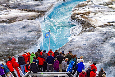 The Lindblad Expedition ship National Geographic Explorer near glacial run-off in the Svalbard Archipelago, Norway.