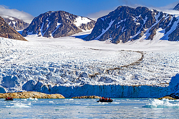 The Lindblad Expedition ship National Geographic Explorer running Zodiac operations in the Svalbard Archipelago, Norway, Arctic, Europe