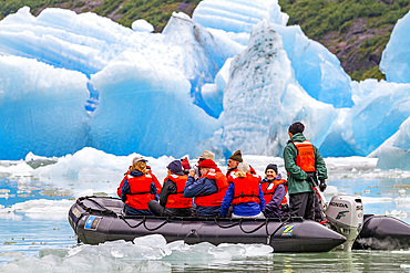 Guests from the Lindblad Expeditions ship National Geographic Sea Bird during Zodiac operations in Tracy Arm, Southeast Alaska, United States of America, North America