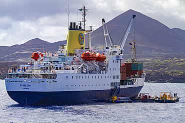 The RMS St. Helena, registered in London, at Ascension Island in the Tropical Atlantic Ocean, South Atlantic Ocean