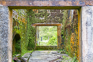 View of the old barracks atop Green Mountain on Ascension Island in the southern tropical Atlantic Ocean, South Atlantic Ocean