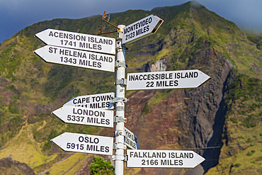 Close-up of signpost on Tristan da Cunha, the most remote inhabited location on Earth, Tristan da Cunha, South Atlantic Ocean