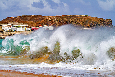 Huge waves breaking on the beach at Ascension Island in the Tropical Atlantic Ocean, South Atlantic Ocean