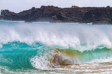 Huge waves breaking on the beach at Ascension Island in the Tropical Atlantic Ocean, South Atlantic Ocean