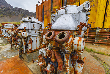 Views of the abandoned whaling station at Grytviken, Swedish for Pot Cove, on South Georgia in the South Atlantic, Polar Regions