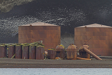 Views of the abandoned whale processing station at Whalers Bay on Deception Island, South Shetland Islands, Antarctica.