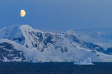 View of the nearly full moon rising over snow-covered mountains on the Antarctic Peninsula, Antarctica, Polar Regions