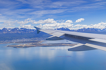 Aerial View of the Beagle Channel and the town of Ushuaia, Argentina, South America.