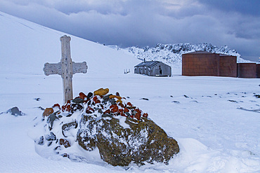 Grave site at the abandoned former whaling station at Port Foster inside of the caldera at Deception Island, Antarctica.