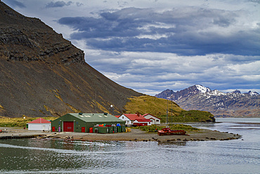 Views King Edward Point near the whaling station at Grytviken on South Georgia in the South Atlantic.