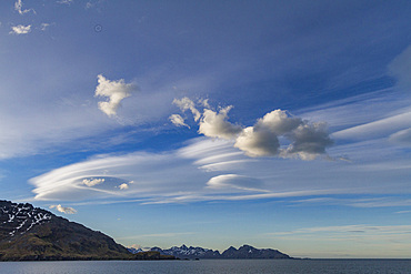 Interesting lenticular cloud formations forming over the island of South Georgia in the Southern Ocean