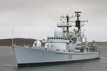 British war ship at anchor in the outer harbor of Stanley on East Island, Falkland Islands, South Atlantic Ocean.