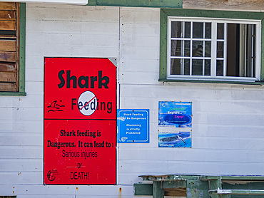 Sign warning against feeding sharks, Half Moon Caye, inside the Mesoamerican Barrier Reef, Belize.