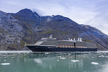 A view of various ships (shown here is the Holland America cruise ship Zuiderdam) in Southeast Alaska, USA, Pacific Ocean.