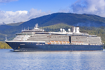 A view of various ships (shown here is the Holland America cruise ship Zuiderdam) in Southeast Alaska, USA, Pacific Ocean.