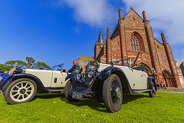 Car Rally at St Magnus Cathedral in Kirkwall Orkney Island, Scotland.