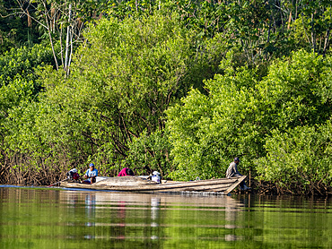 Local fisherman in their boats on the oxbow Clavero Lake within the Pacaya Samiria Preserve, Peru.