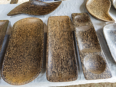 Hand made wares on display for sale in a small village deep within the Pacaya Samiria Preserve, Peru.