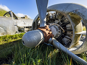 Detail from grounded B-24 Liberator bomber which ran out of fuel during WWII, Bechevin Bay, Atka Island, Alaska.