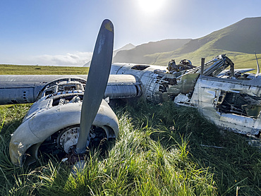 Detail from grounded B-24 Liberator bomber which ran out of fuel during WWII, Bechevin Bay, Atka Island, Alaska.