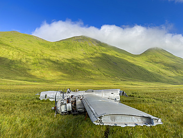 Wrecked and grounded B-24 Liberator bomber which ran out of fuel during WWII, Bechevin Bay, Atka Island, Alaska.