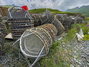Crab pots being stored until crabbing season begins in Dutch Harbor, Unalaska, Alaska.