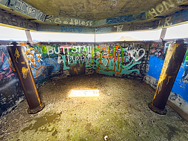 Interior view of the remains of World War II bunker left unused in Dutch Harbor, Unalaska, Alaska.