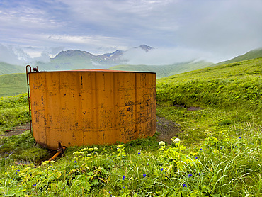 Great Sitkin Island, the site of a fuel depot during World War II called Sand Bay Naval Station, Andreanof Islands, Alaska.
