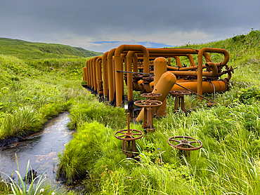Great Sitkin Island, the site of a fuel depot during World War II called Sand Bay Naval Station, Andreanof Islands, Alaska.