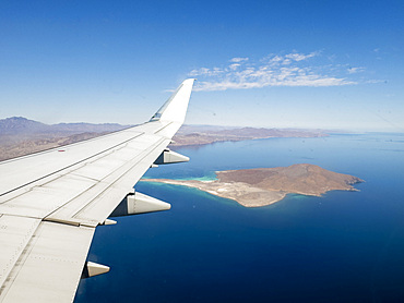 An aerial view of Isla Coronado from a commercial flight, Baja California Sur, Mexico.