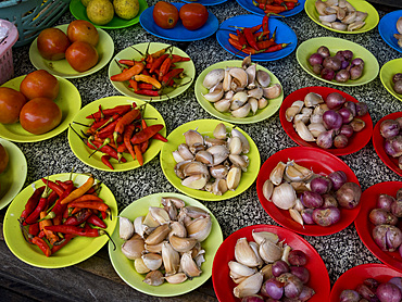 Offerings for sale in the crowded streets in the town of Agats, Asmat Regency, South Papua, Indonesia.