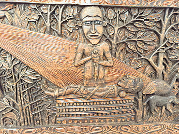 Carvings in the Agats Museum in the town of Agats, Asmat Regency, South Papua, Indonesia.