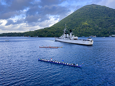 Groups of rowers coming out to greet our ship in the island of Banda Neira, Moluccas, Indonesia.