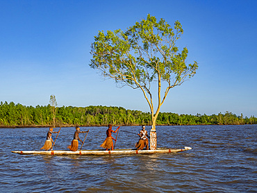 Male paddlers from the village of Per perform in a ritualistic greeting ceremony, Asmat Region, Papua, Indonesia.