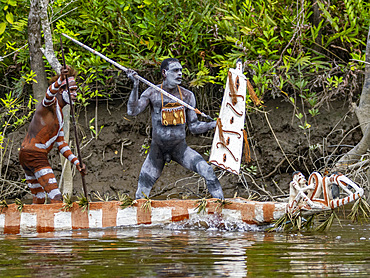 Male paddlers from the village of Uwus perform in a ritualistic greeting ceremony, Asmat Region, Papua, Indonesia.