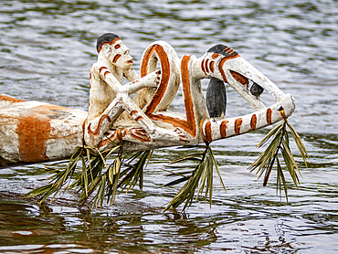 Canoe detail from the village of Uwus perform in a ritualistic greeting ceremony, Asmat Region, Papua, Indonesia.