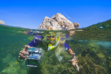 Half above and half below the sea at Isla Santa Catalina in the Gulf of California, Baja California Sur, Mexico.