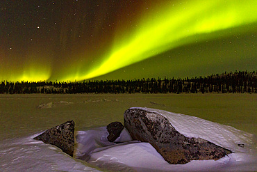 Aurora Borealis, or Northern Lights, over the boreal forest on the Great Slave Lake, Northwest Territories, Canada.