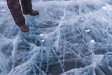 Details of the ice road from Tibbitt to Contwoyto, on the frozen Great Slave Lake, Northwest Territories, Canada.
