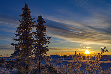 Sunrise over the boreal forest on the Great Slave Lake north of Yellowknife, Northwest Territories, Canada.