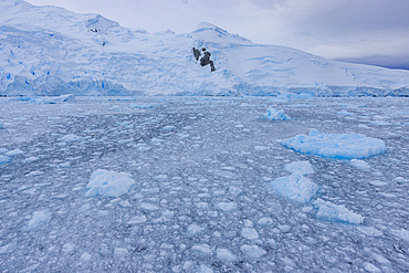 Snow-covered mountains and ice in Crystal Sound, south of the Antarctic Circle, Antarctica, Southern Ocean.