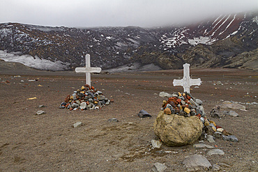 Grave sites at Port Foster at Deception Island, South Shetland Islands, Antarctica.