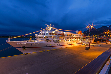 Expedition ship Bremen docked in the harbor at Ushuaia, Argentina.